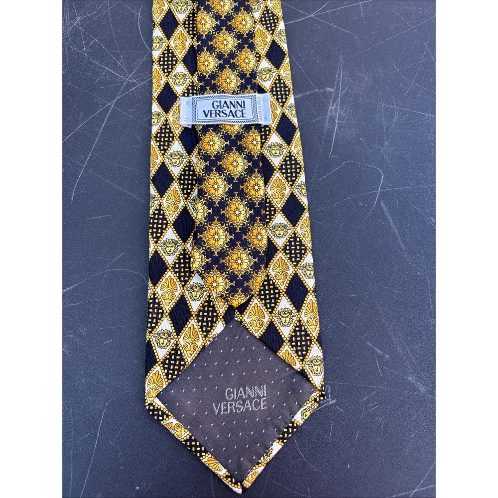 Gianni Versace Silk Necktie Medusa Greca Black Gold Silk 100% Made in Italy